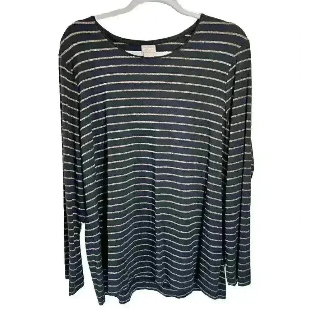 Chicos Top Sz 3/XL Black Gold Metallic Stripe Long-Sleeve Round Neck Layering - Picture 1 of 9